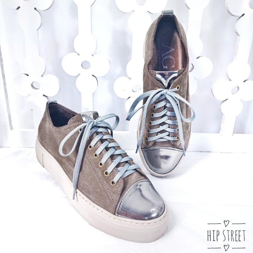 AGL Sneakers Suede Leather Silver Chrome Cap Toe Platform Fashion 39    9